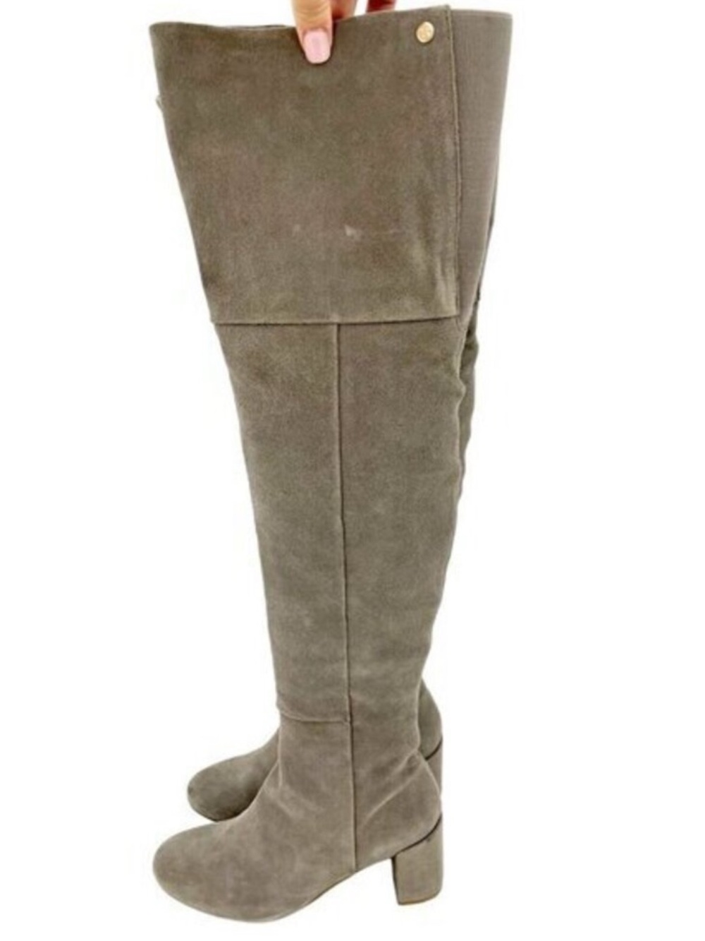 Taryn Rose Over-the-Knee Suede Boots in Gray-Green